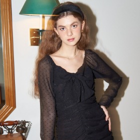 Ribbon Point Shirring Dress_ Black