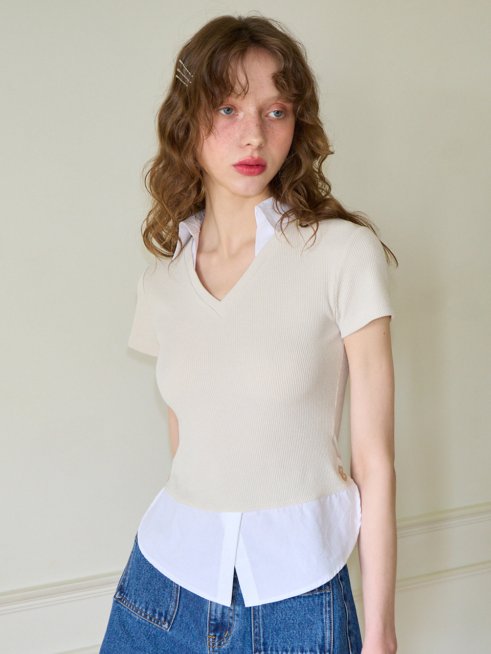 5/27 예약배송 Shirt Detail V-neck Short Sleeve T_ Ivory