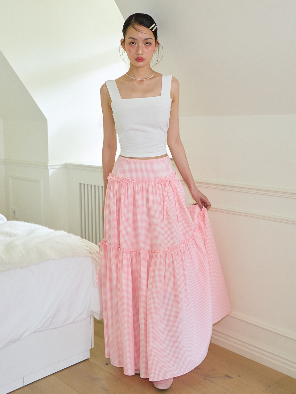 6/4 예약배송 Ribbon Shirring Gingham Check Maxi Skirt_ Pink