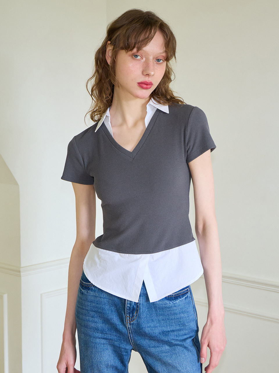 5/27 예약배송 Shirt Detail V-neck Short Sleeve T_ Gray