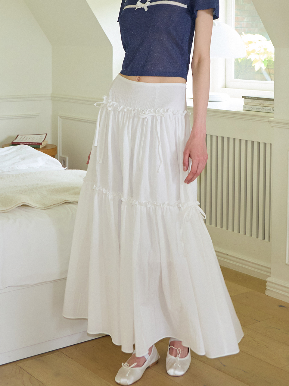 6/4 예약배송 Ribbon Shirring Maxi Skirt_ White