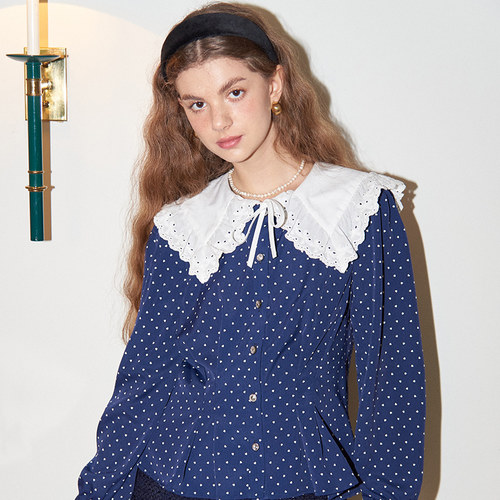 Lace Collar Puff Shoulder Blouse_ Navy