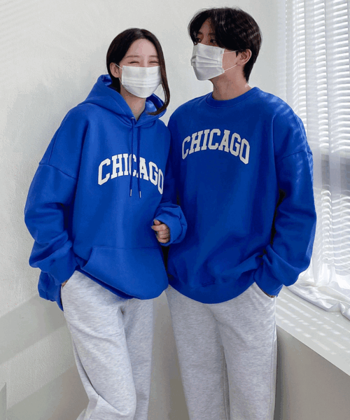 [기모] 헤비 시카고 오버핏 남녀공용 커플 맨투맨 후드티 4color