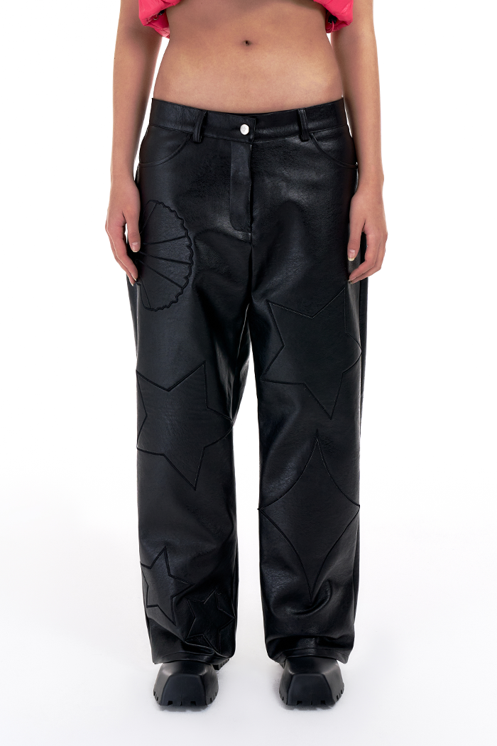 EMBROIDERY LEATHER PANTS BLACK