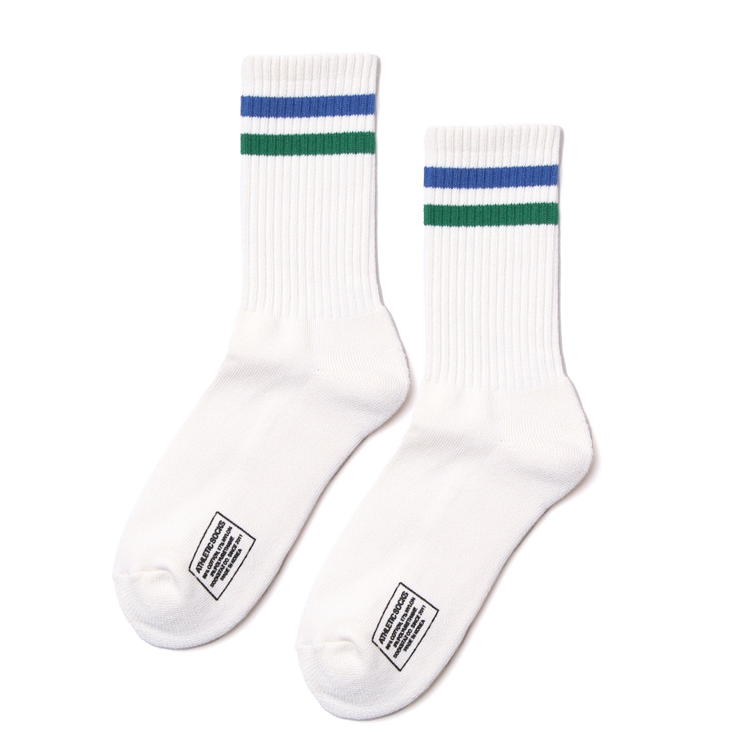 STP006 Stripe Pile Crew Socks: White-bl/gn