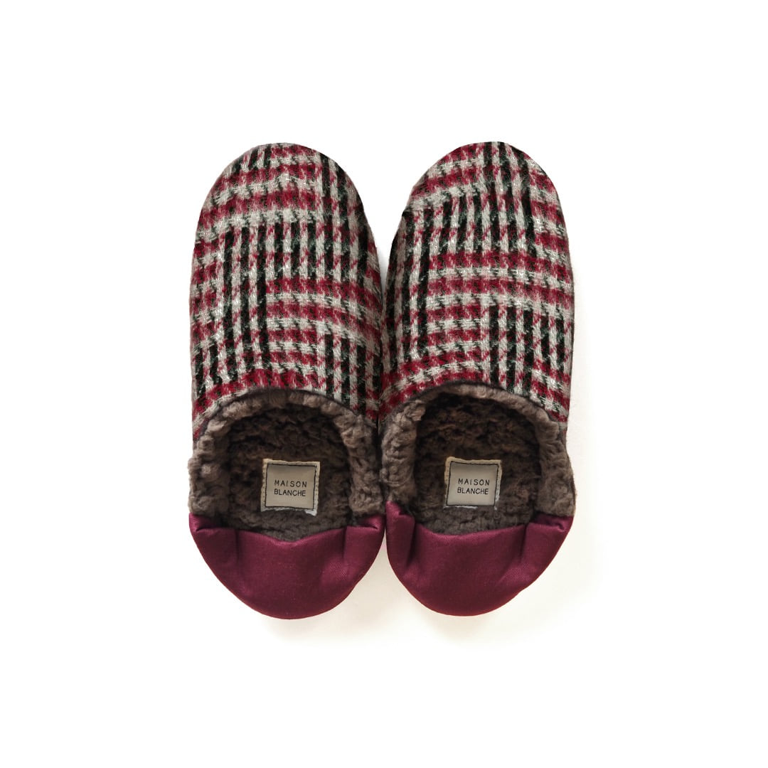 MSB358 Boa Fleece Room Shoes : Check Red BeanMAISON BLANCHE