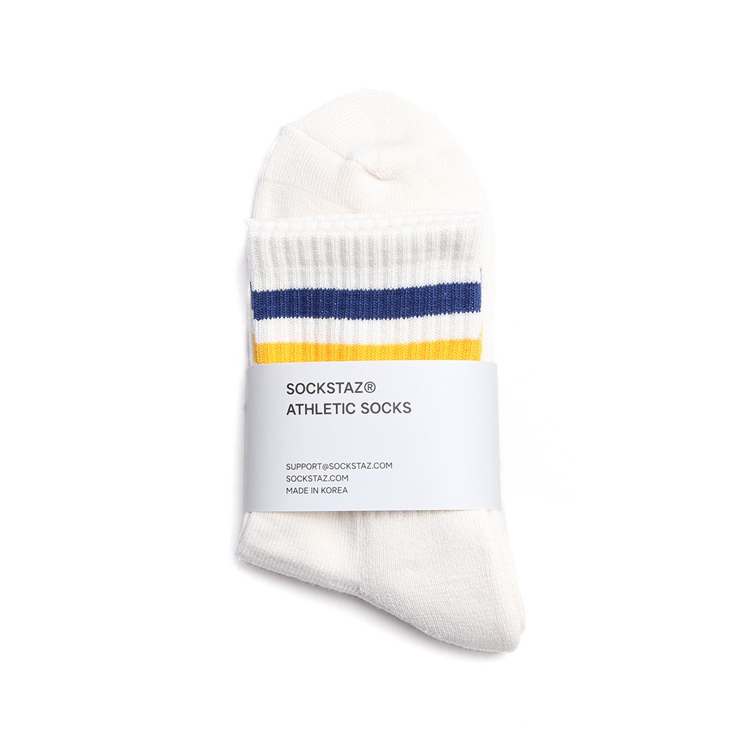 STP023 Stripe Pile Short Socks: White-bl/yeSOCKSTAZ SPORTS